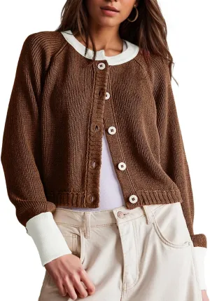 Women's Cropped Cardigan Sweaters Fall Long Sleeve Open Front Cardigans Button Down Color Block Crewneck Knit Outwear Coats