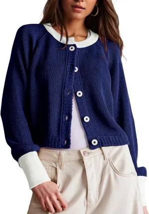 Women's Cropped Cardigan Sweaters Fall Long Sleeve Open Front Cardigans Button Down Color Block Crewneck Knit Outwear Coats