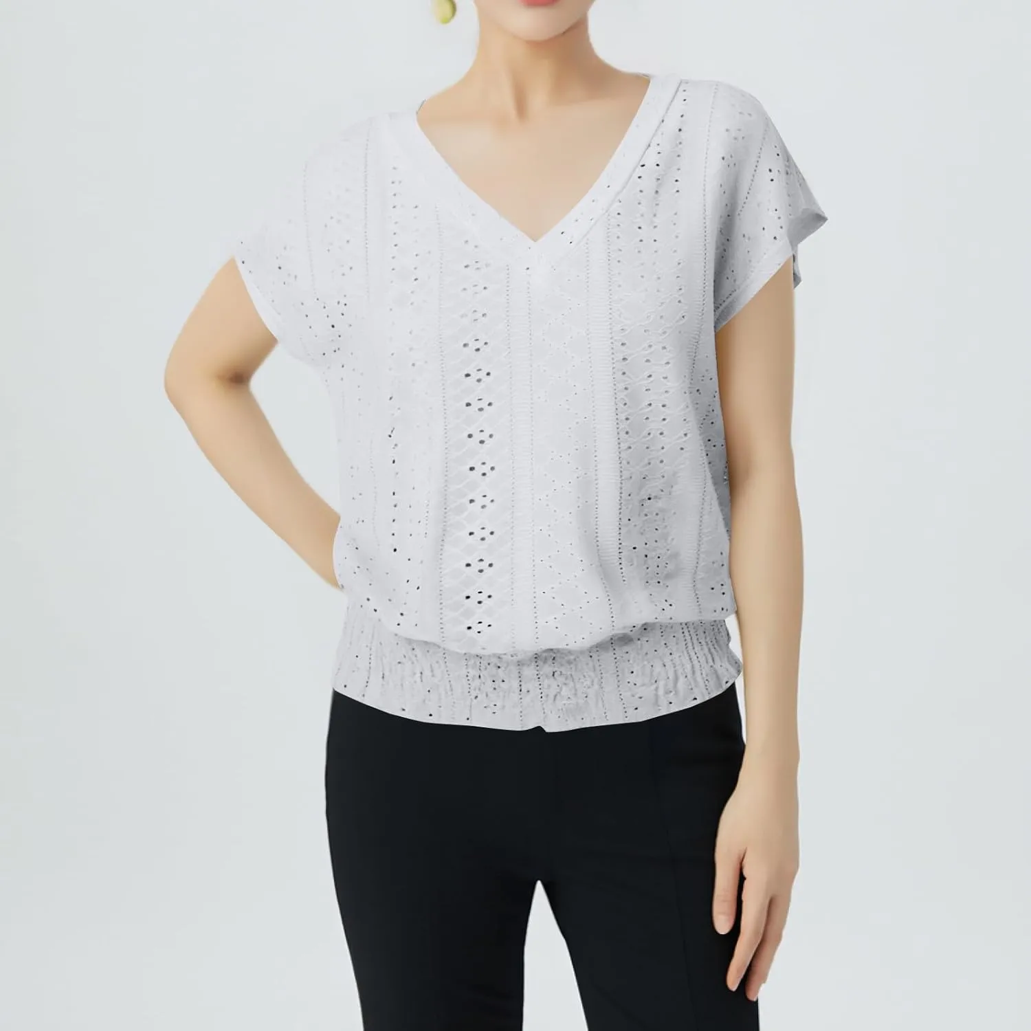 Womens Eyelet Tops Cute Hollow Out Embroidered Blouses Summer Smocked Elastic Hem Shirts Date Outfits