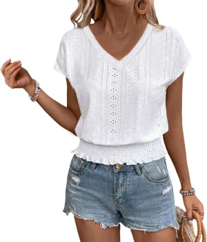 Womens Eyelet Tops Cute Hollow Out Embroidered Blouses Summer Smocked Elastic Hem Shirts Date Outfits