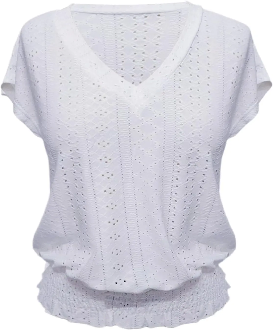 Womens Eyelet Tops Cute Hollow Out Embroidered Blouses Summer Smocked Elastic Hem Shirts Date Outfits