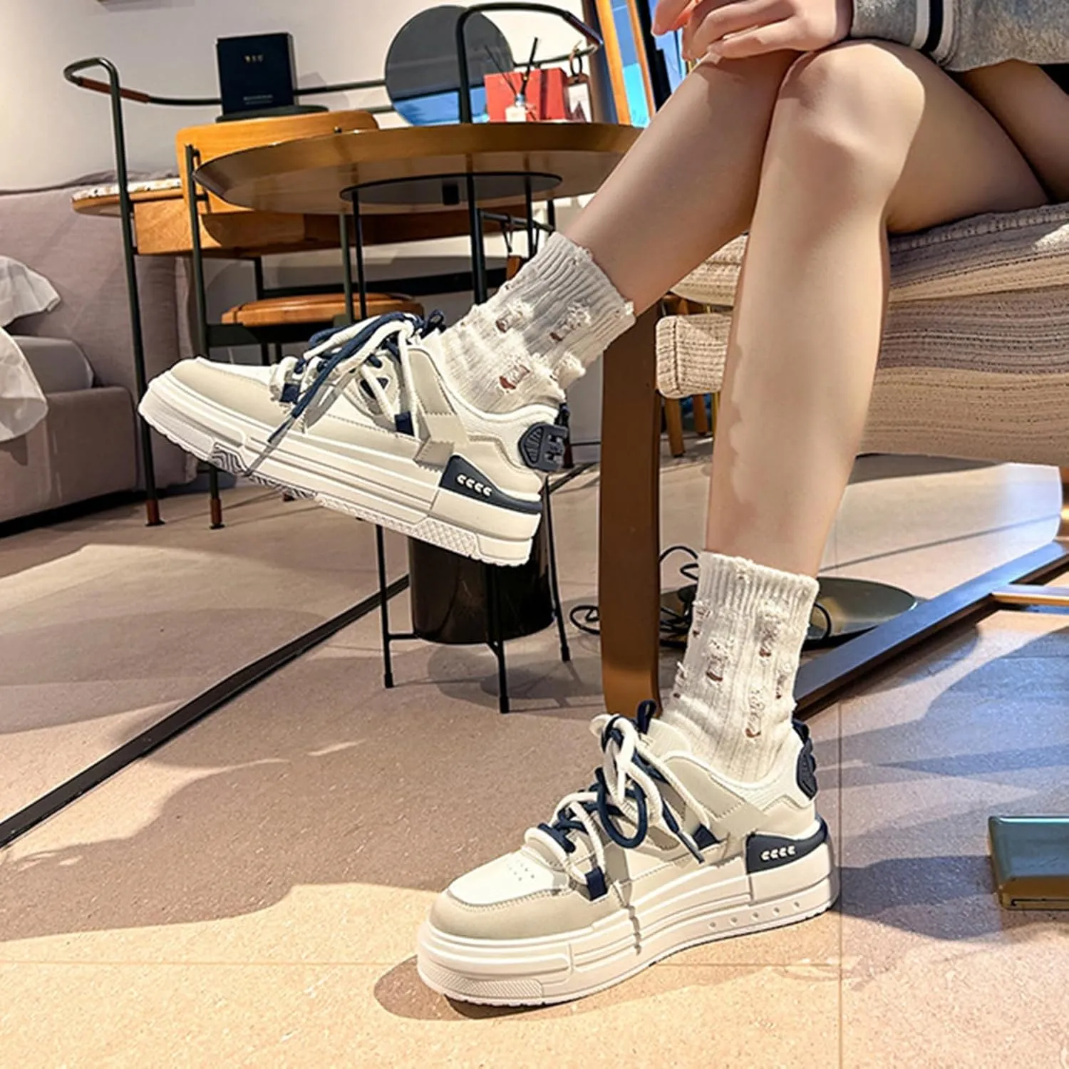 Women's Fashion Lace-Up Platform Sneakers - Spring/Autumn Casual Versatile Single Shoes - Double Shoelaces and Breathable Leather for Trendy Women,White-37