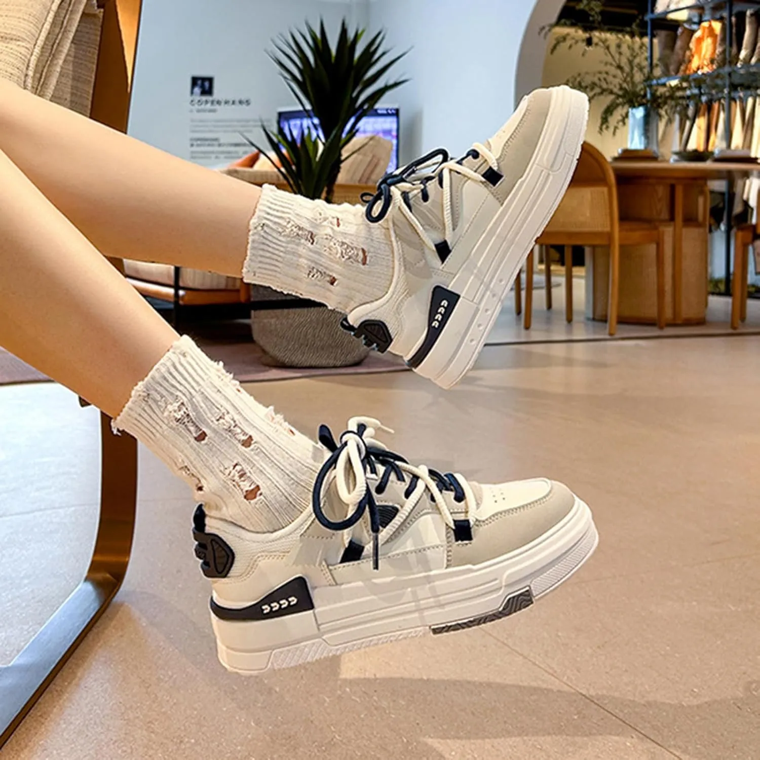 Women's Fashion Lace-Up Platform Sneakers - Spring/Autumn Casual Versatile Single Shoes - Double Shoelaces and Breathable Leather for Trendy Women,White-37