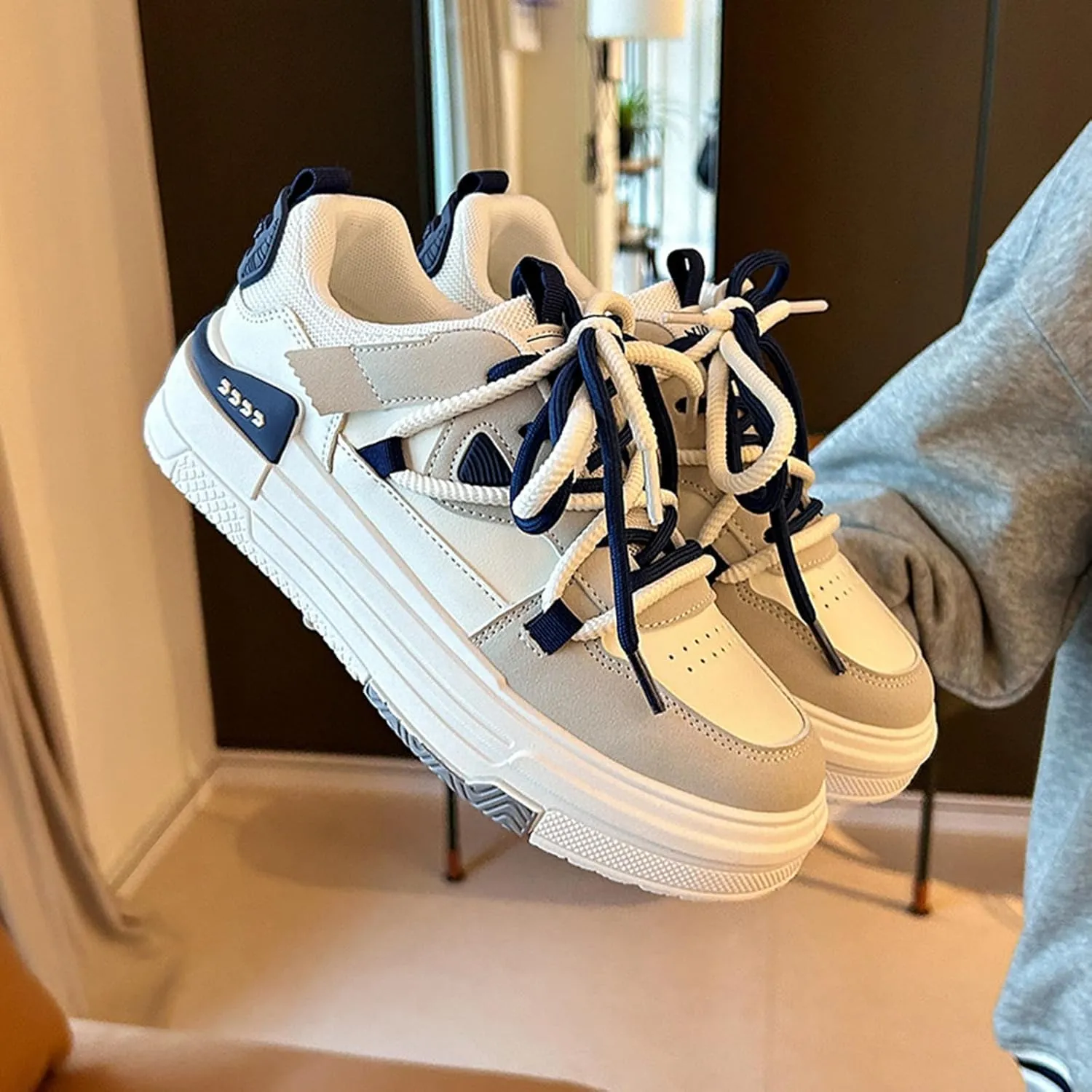 Women's Fashion Lace-Up Platform Sneakers - Spring/Autumn Casual Versatile Single Shoes - Double Shoelaces and Breathable Leather for Trendy Women,White-37