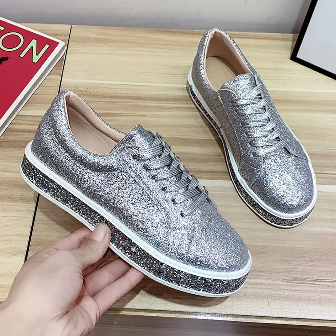 Women's Fashion Star Sneaker Glitter Sparkly Fashion Shiny Casual Bling Sequin Concert Shoes Canvas Low Top Lace Up Comfortable Cushioned Walking for Street Wedding Party Night Club