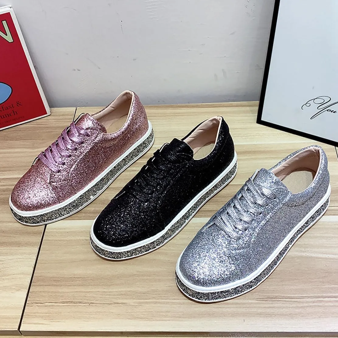 Women's Fashion Star Sneaker Glitter Sparkly Fashion Shiny Casual Bling Sequin Concert Shoes Canvas Low Top Lace Up Comfortable Cushioned Walking for Street Wedding Party Night Club