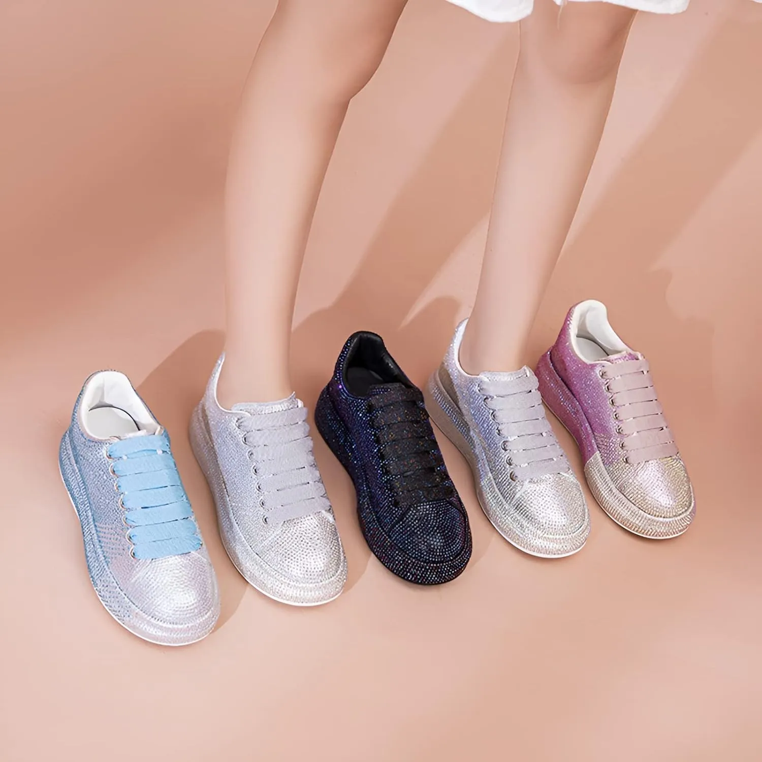 Women's Fashion Thick Sole Sneakers Glitter Gradient Colors Rhinestones Lace-Up Casual Sports Shoes