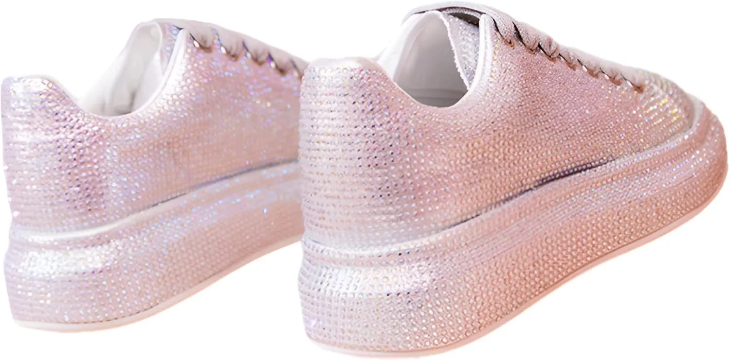 Women's Fashion Thick Sole Sneakers Glitter Gradient Colors Rhinestones Lace-Up Casual Sports Shoes