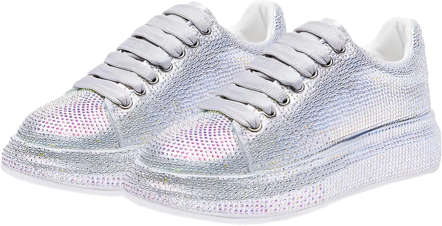 Women's Fashion Thick Sole Sneakers Glitter Gradient Colors Rhinestones Lace-Up Casual Sports Shoes