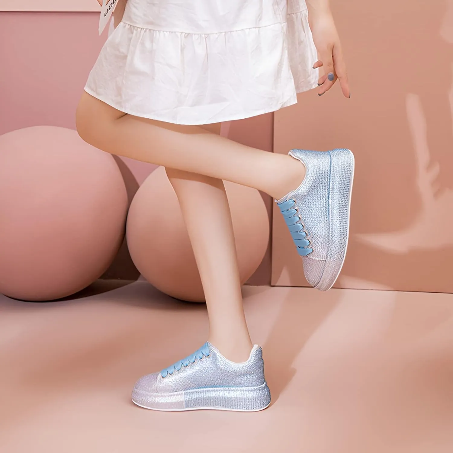 Women's Fashion Thick Sole Sneakers Glitter Gradient Colors Rhinestones Lace-Up Casual Sports Shoes