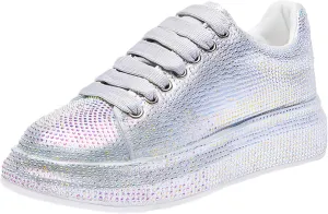 Women's Fashion Thick Sole Sneakers Glitter Gradient Colors Rhinestones Lace-Up Casual Sports Shoes