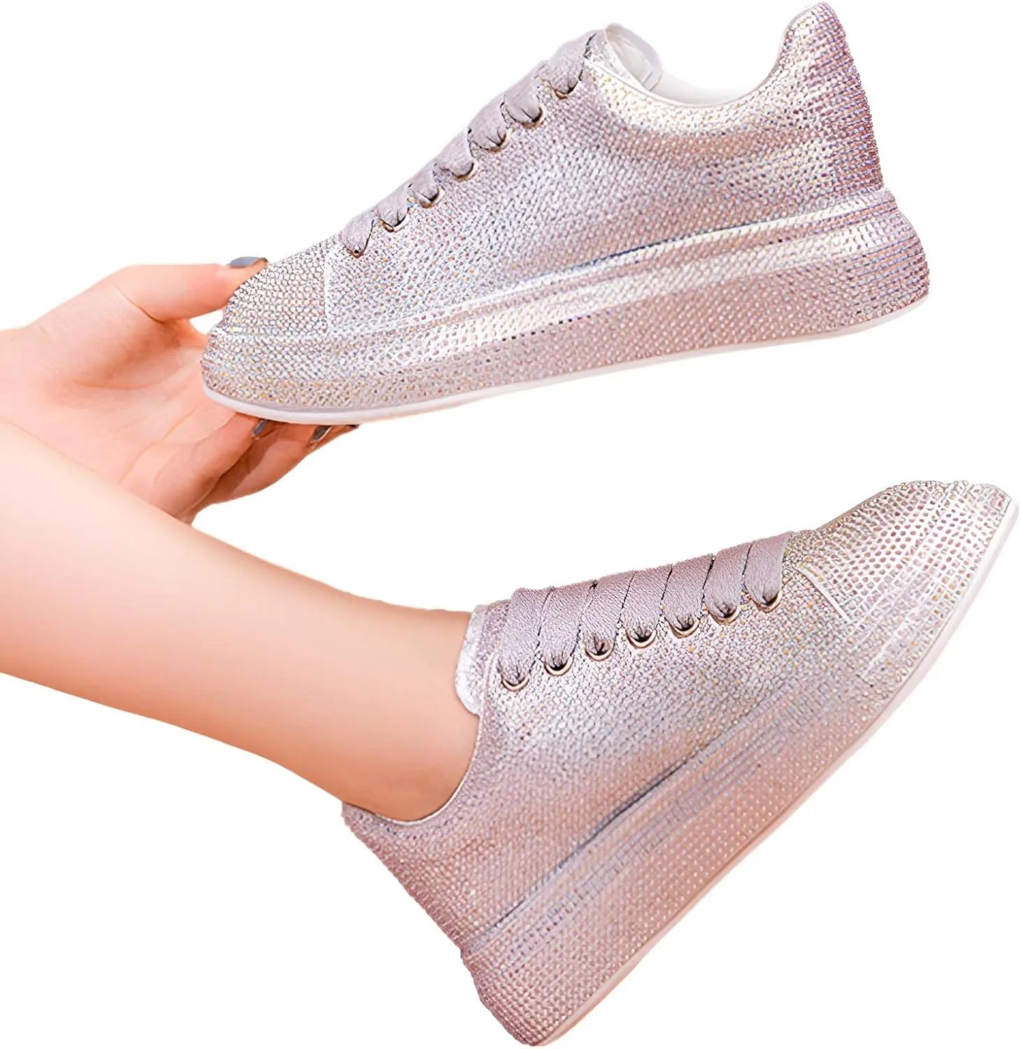 Women's Fashion Thick Sole Sneakers Glitter Gradient Colors Rhinestones Lace-Up Casual Sports Shoes