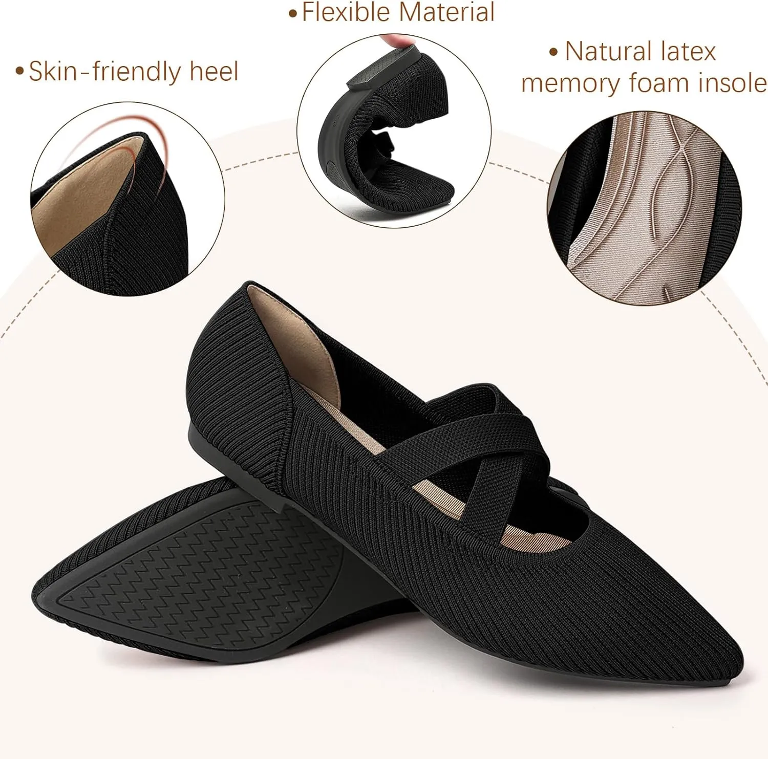 Women's Flats Shoes Pointed Toe Knit Washable Comfortable Dressy Mary Jane Ballet Flat with Strap
