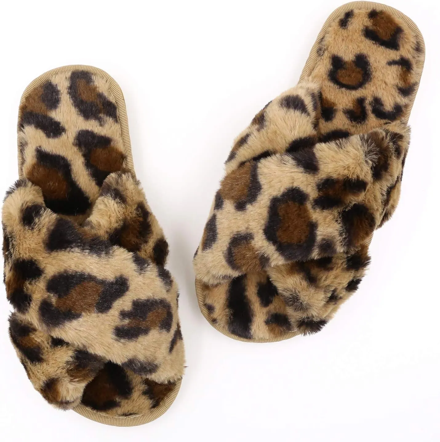 Womens Fuzzy Slippers Sandals Leopard Plush Open Toe Faux Fur Fluffy House Flats Slippers Cross Band Soft Warm Comfy Cozy Bedroom Slide Slippers