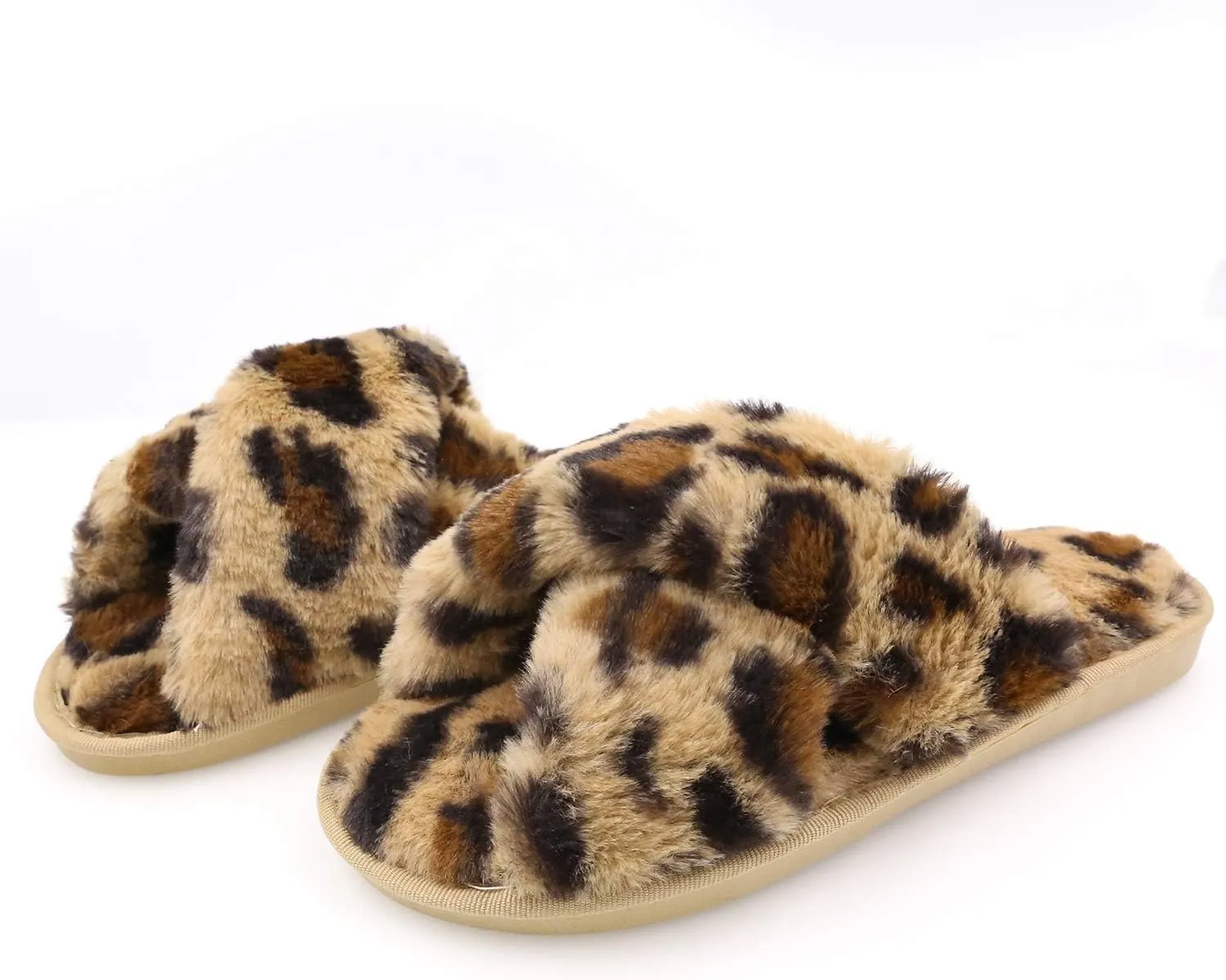 Womens Fuzzy Slippers Sandals Leopard Plush Open Toe Faux Fur Fluffy House Flats Slippers Cross Band Soft Warm Comfy Cozy Bedroom Slide Slippers