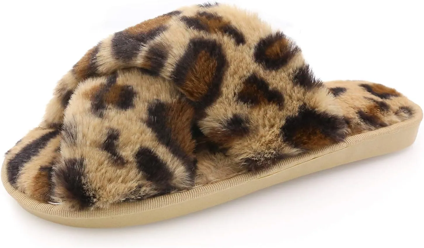 Womens Fuzzy Slippers Sandals Leopard Plush Open Toe Faux Fur Fluffy House Flats Slippers Cross Band Soft Warm Comfy Cozy Bedroom Slide Slippers