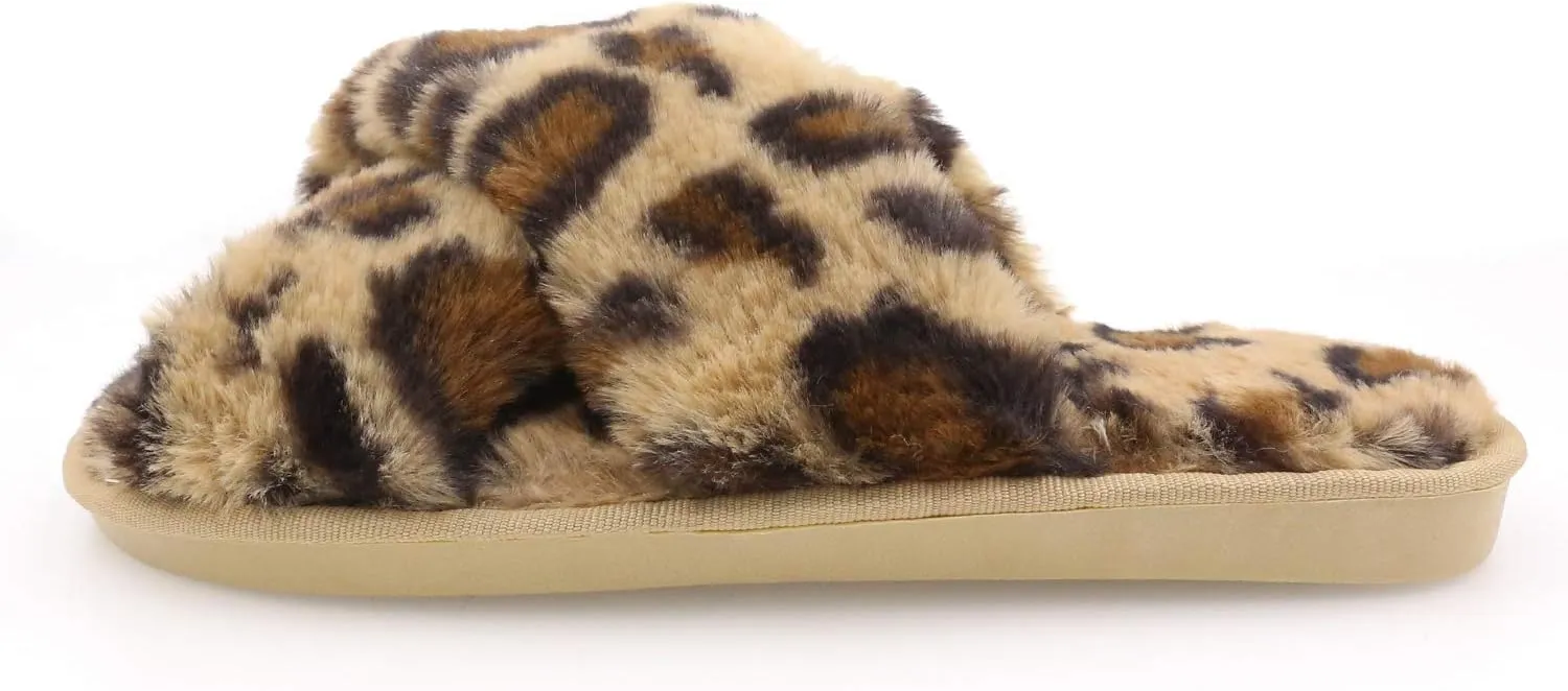Womens Fuzzy Slippers Sandals Leopard Plush Open Toe Faux Fur Fluffy House Flats Slippers Cross Band Soft Warm Comfy Cozy Bedroom Slide Slippers
