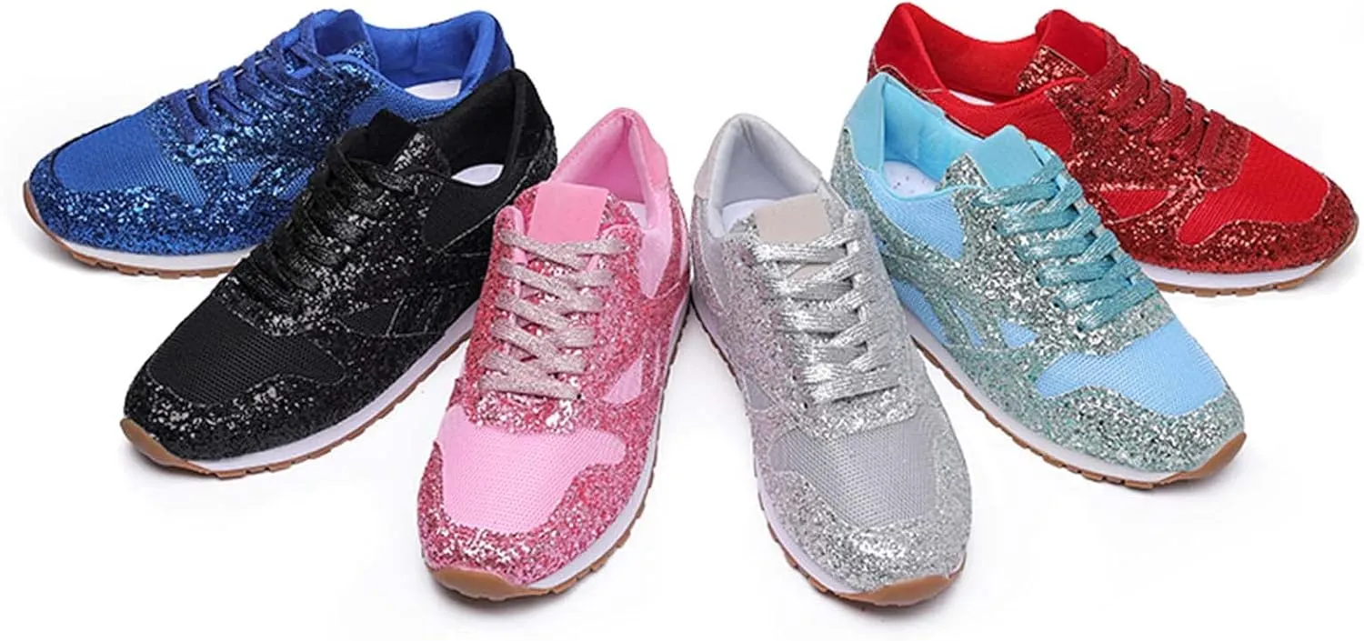 Women's Glitter Sneakers Lace up Casual Flat Sparkle Walking Shoes