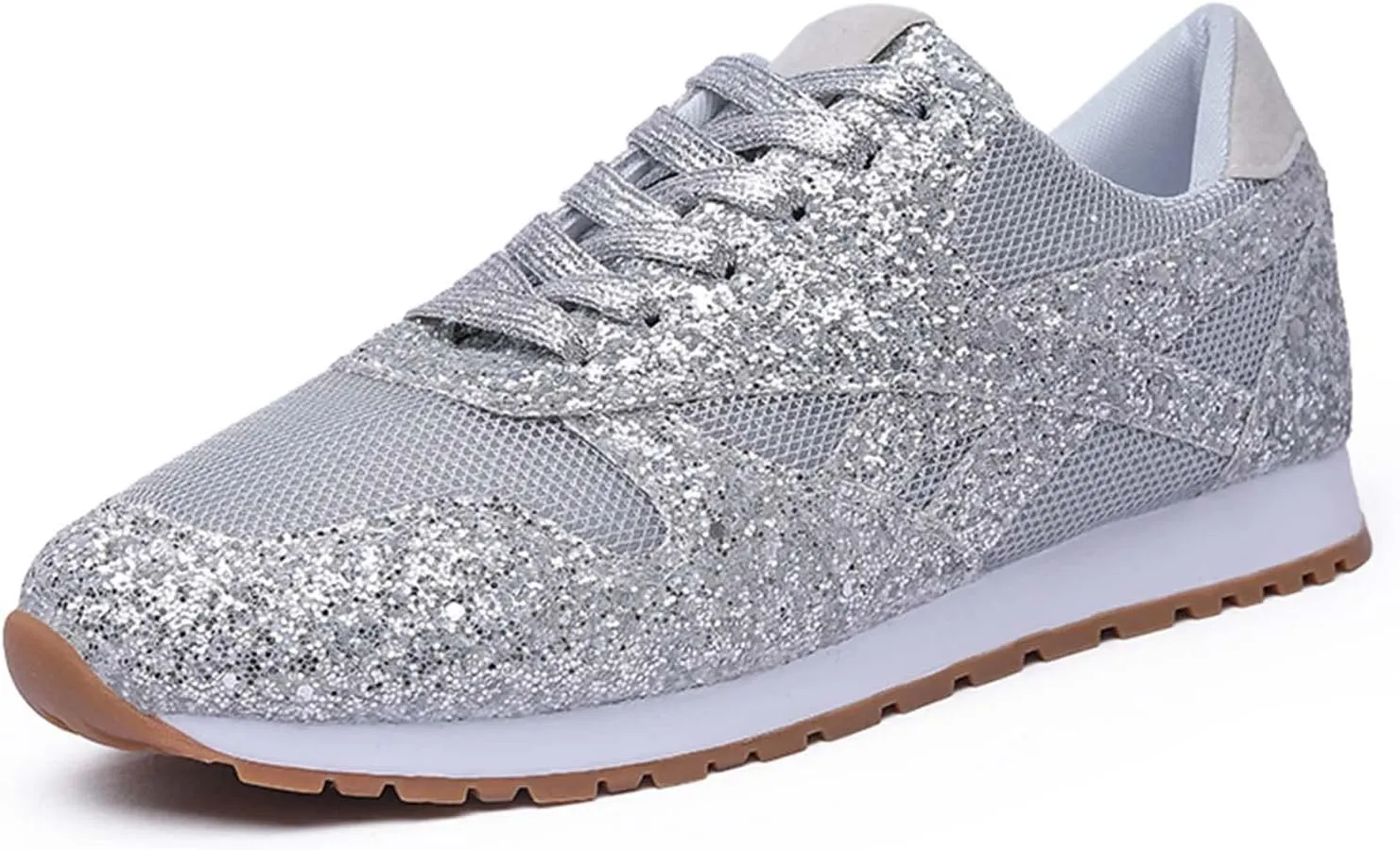 Women's Glitter Sneakers Lace up Casual Flat Sparkle Walking Shoes
