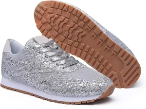 Women's Glitter Sneakers Lace up Casual Flat Sparkle Walking Shoes