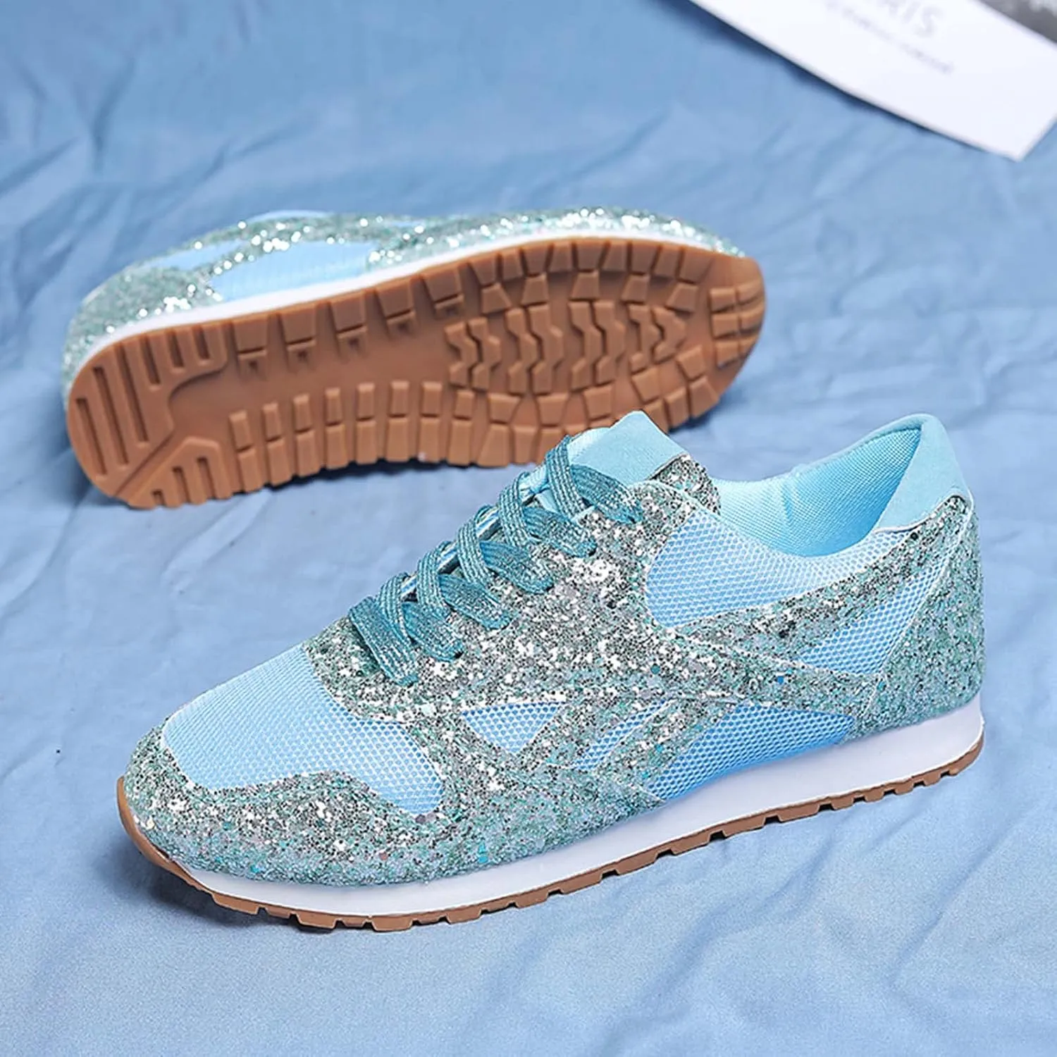 Women's Glitter Sneakers Lace up Casual Flat Sparkle Walking Shoes