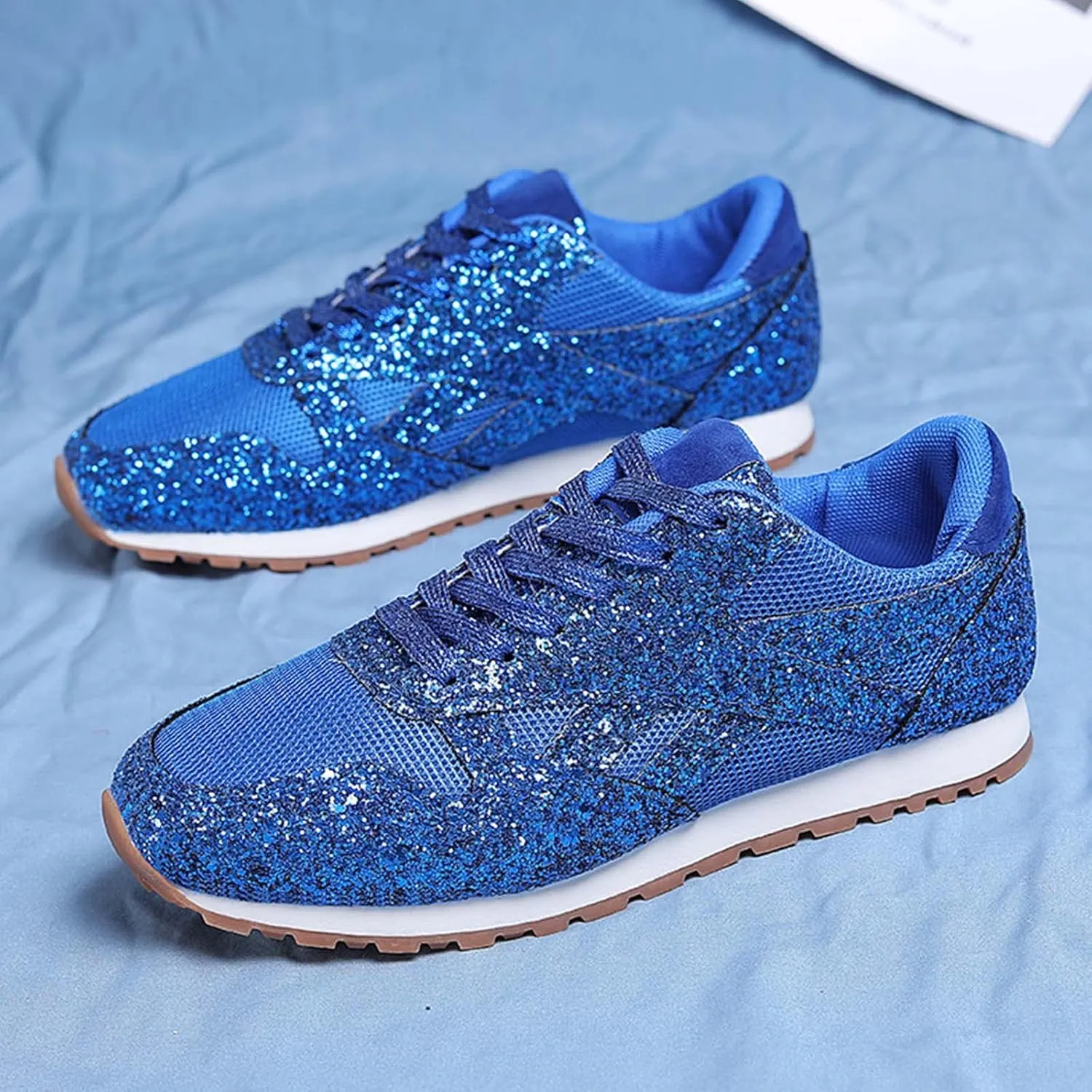 Women's Glitter Sneakers Lace up Casual Flat Sparkle Walking Shoes