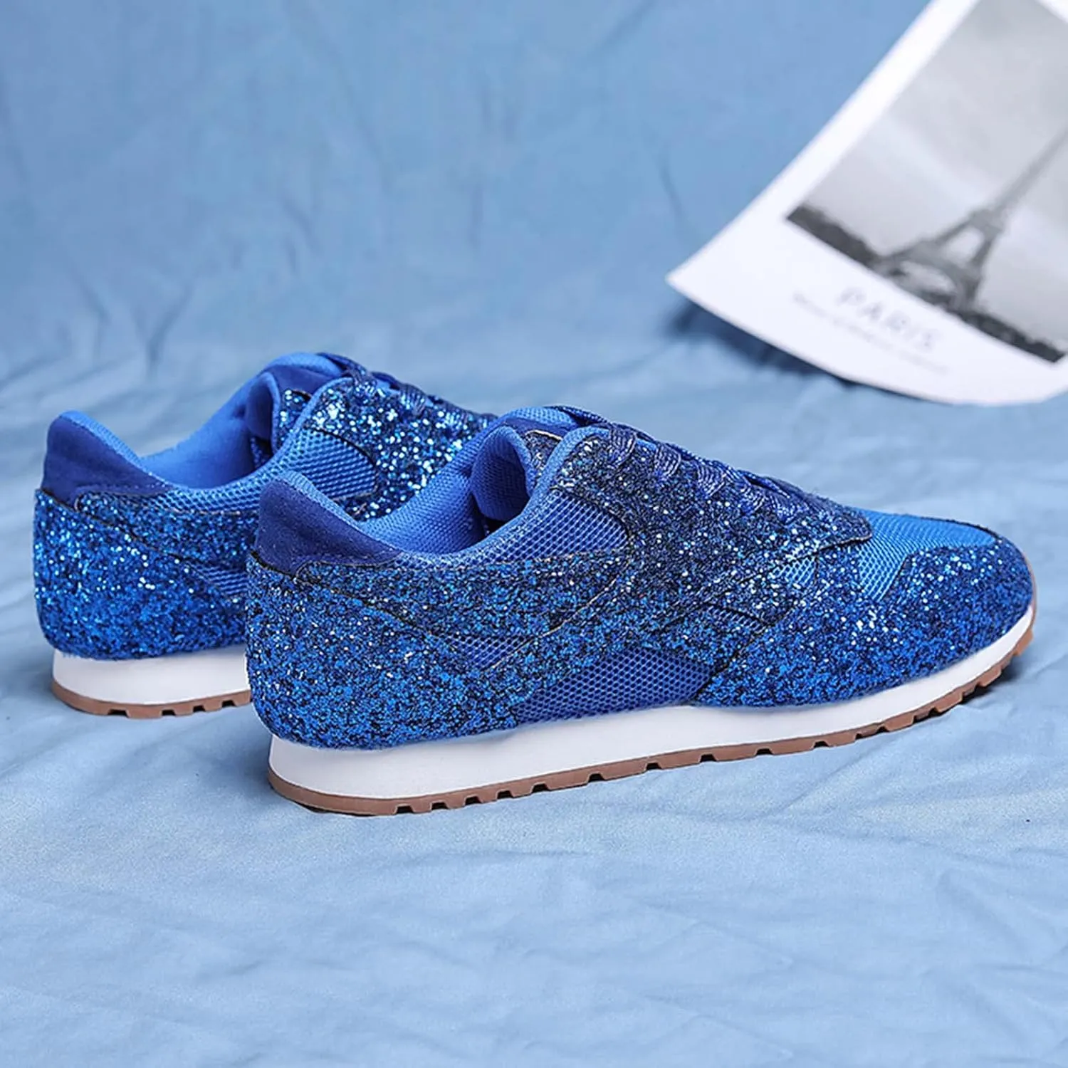 Women's Glitter Sneakers Lace up Casual Flat Sparkle Walking Shoes