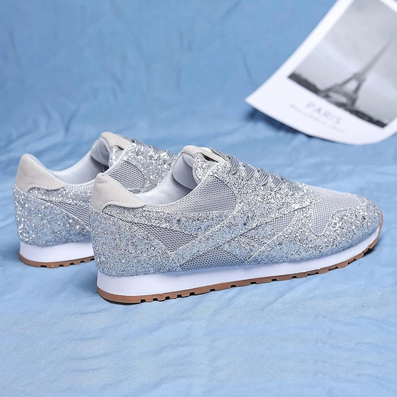 Women's Glitter Sneakers Lace up Casual Flat Sparkle Walking Shoes