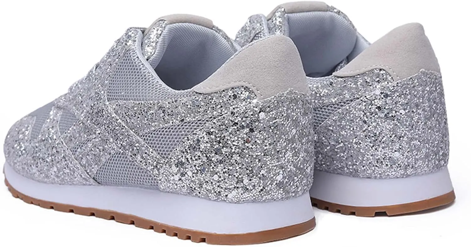 Women's Glitter Sneakers Lace up Casual Flat Sparkle Walking Shoes