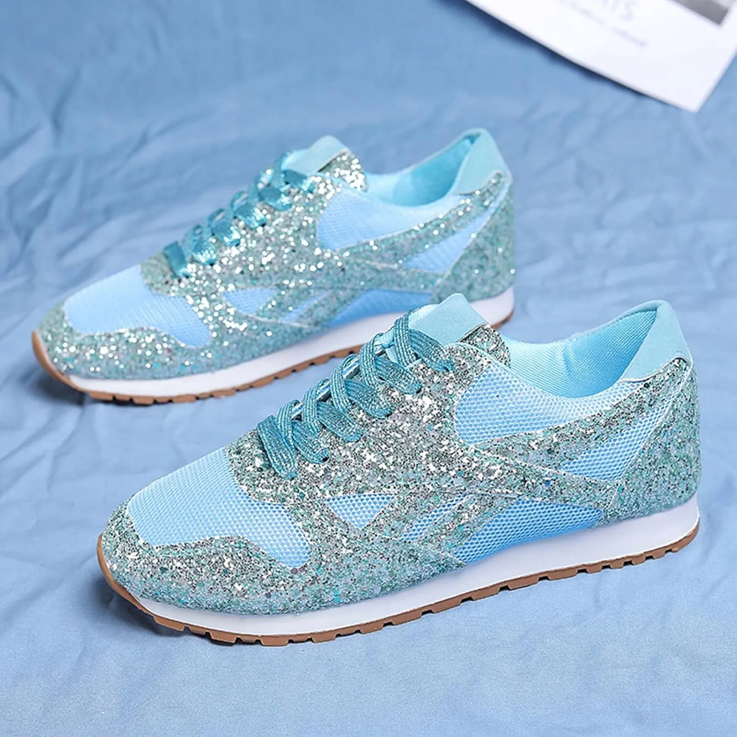 Women's Glitter Sneakers Lace up Casual Flat Sparkle Walking Shoes