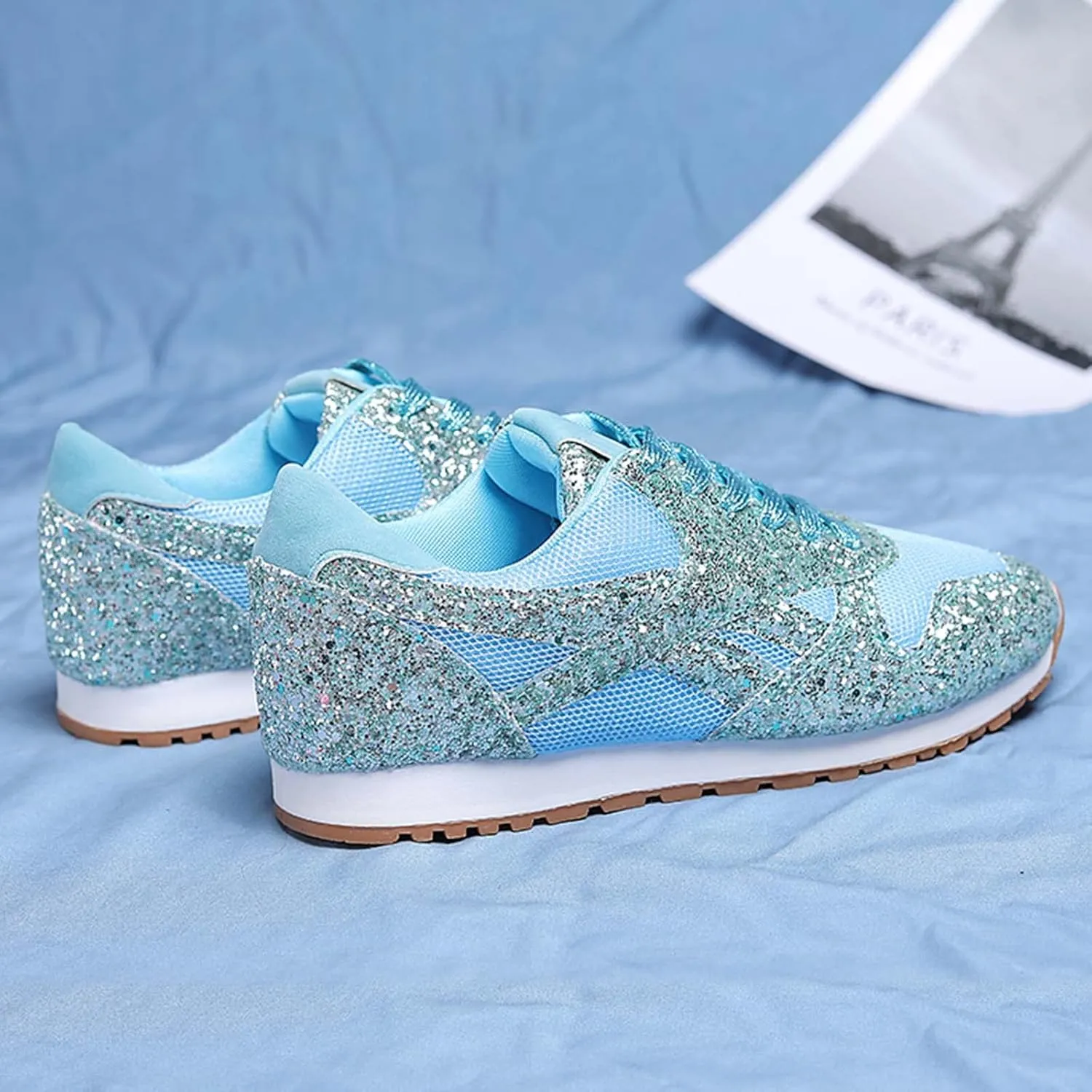 Women's Glitter Sneakers Lace up Casual Flat Sparkle Walking Shoes