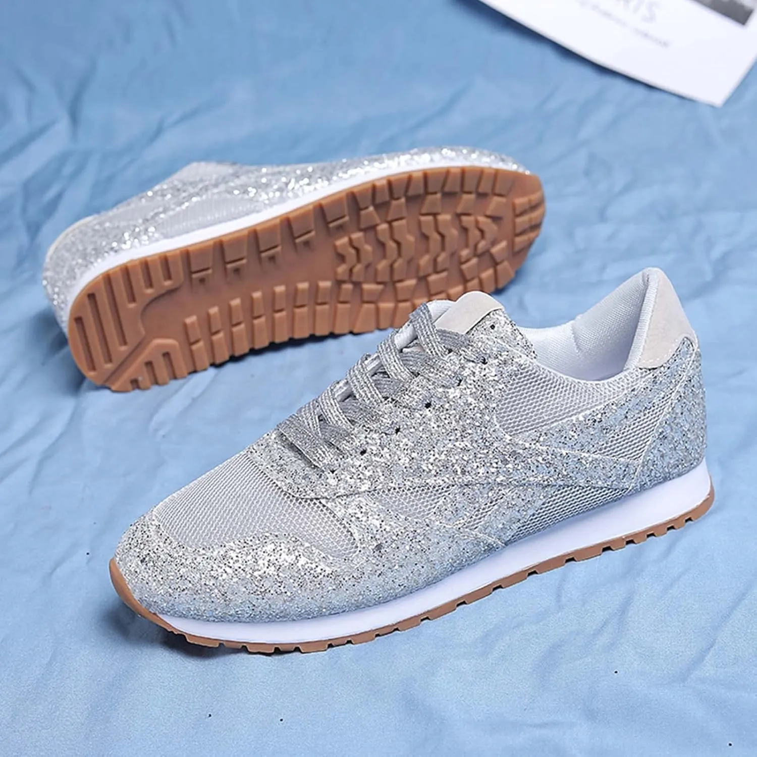 Women's Glitter Sneakers Lace up Casual Flat Sparkle Walking Shoes