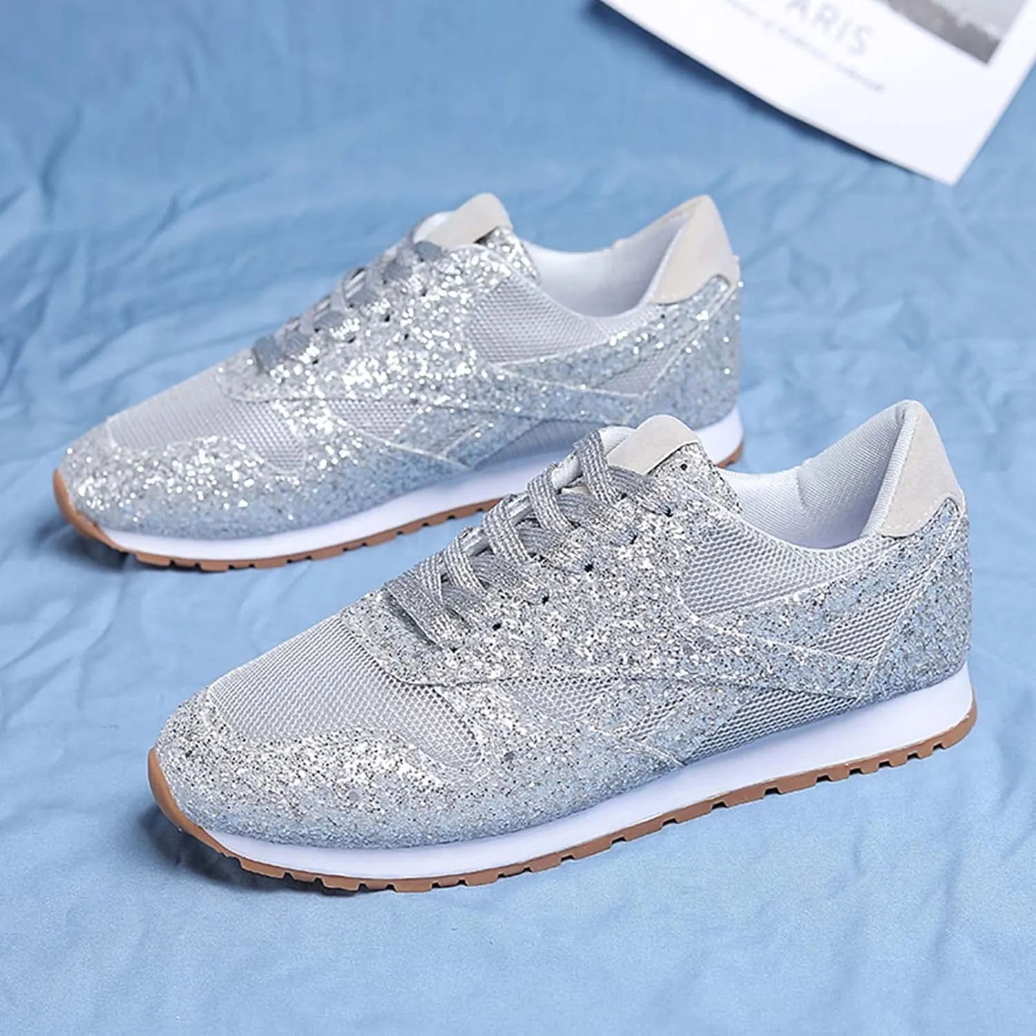 Women's Glitter Sneakers Lace up Casual Flat Sparkle Walking Shoes