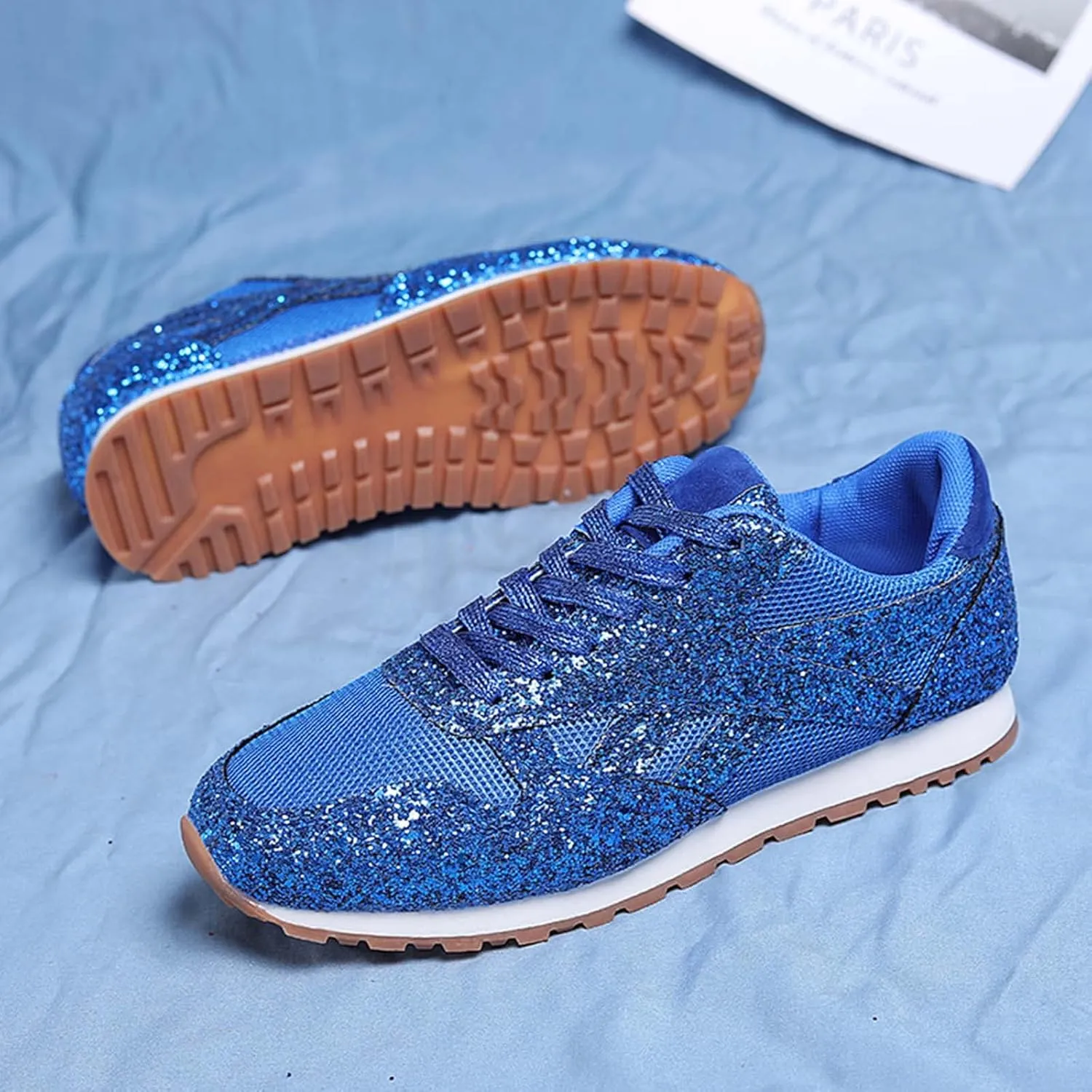 Women's Glitter Sneakers Lace up Casual Flat Sparkle Walking Shoes