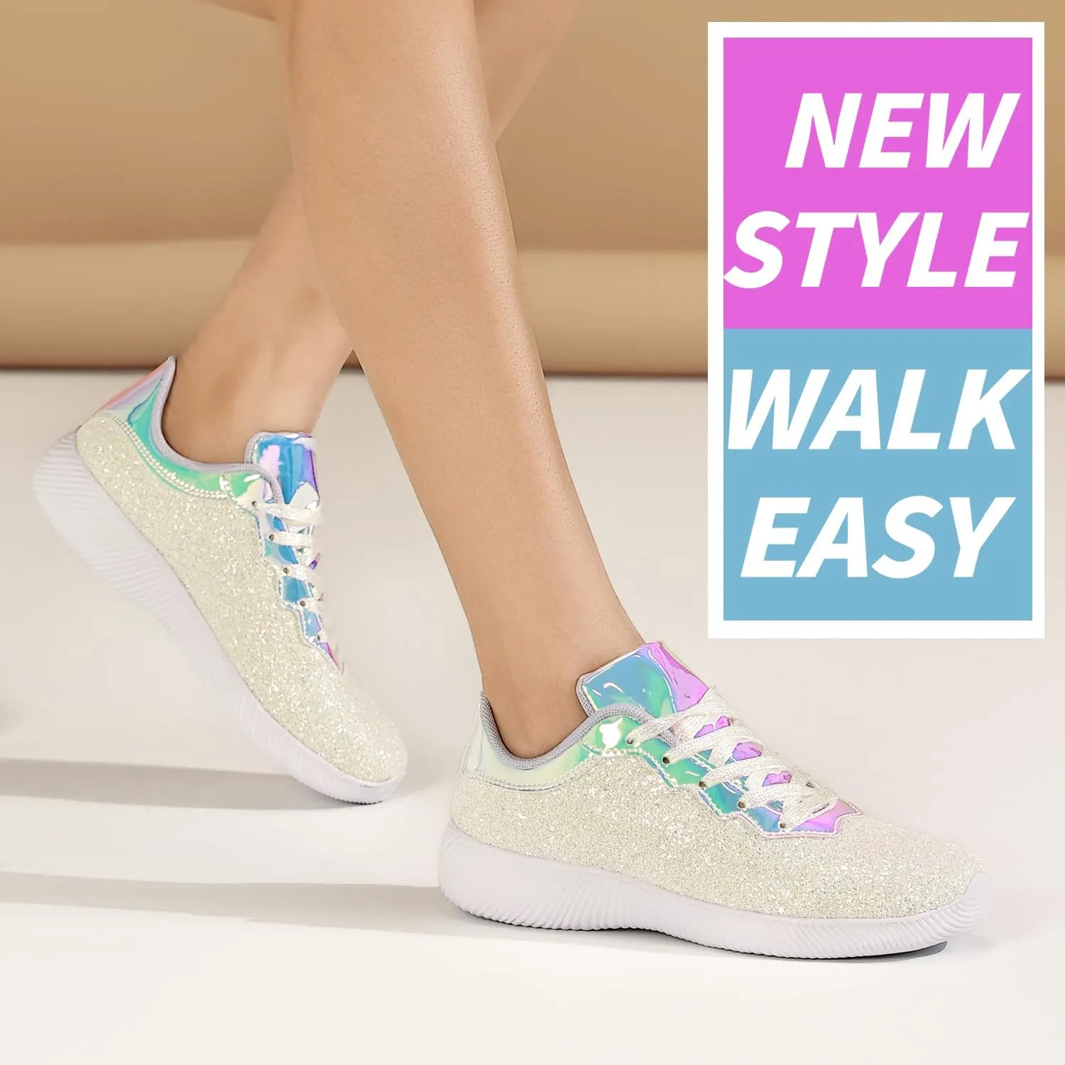 Women's Glitter Sneakers Shoes Lightweight Tennis Shoes Metallic Sequin Walking Shoes