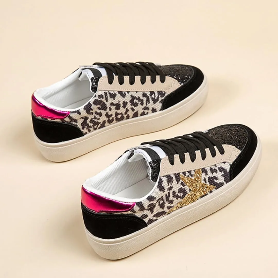 Women’s Glitter Star Lace Up Sneakers Outdoor Sparkly Shiny Sports Tennis Shoes