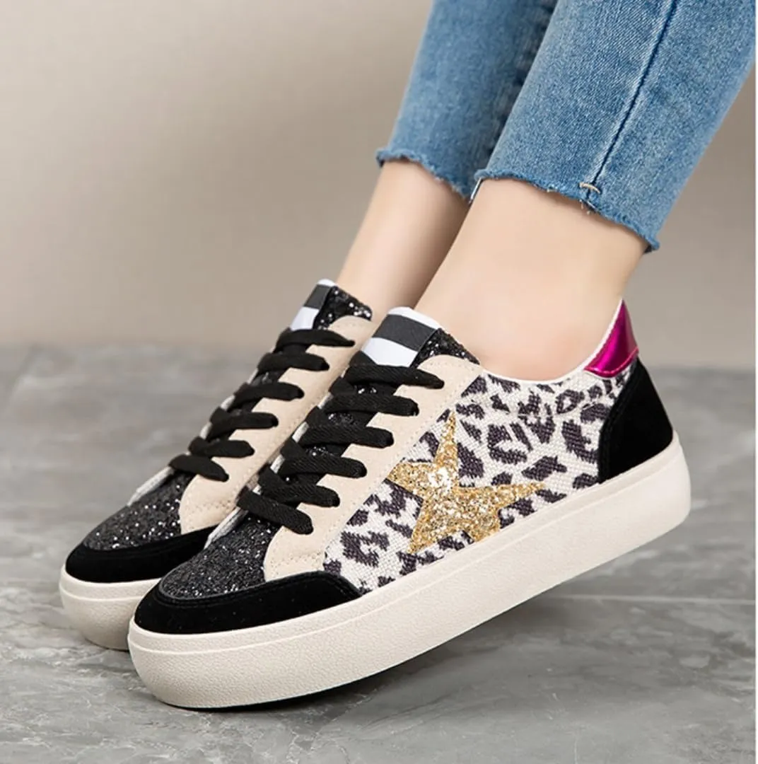 Women’s Glitter Star Lace Up Sneakers Outdoor Sparkly Shiny Sports Tennis Shoes