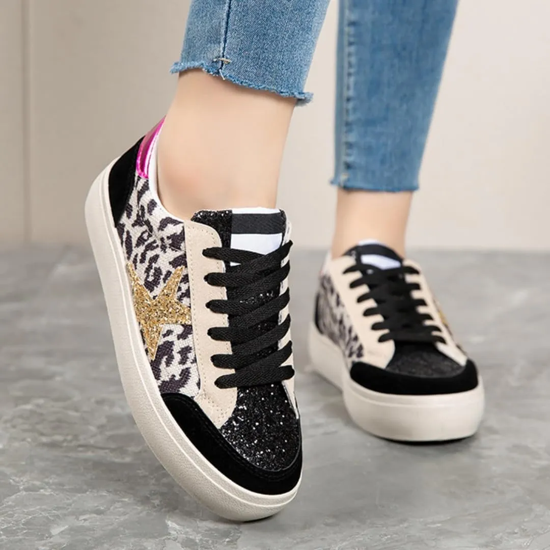 Women’s Glitter Star Lace Up Sneakers Outdoor Sparkly Shiny Sports Tennis Shoes