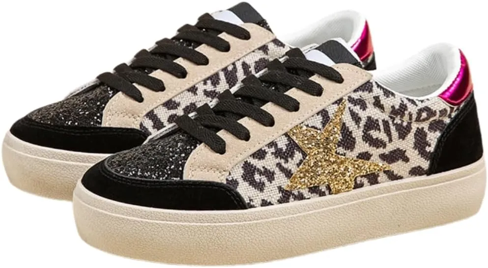 Women’s Glitter Star Lace Up Sneakers Outdoor Sparkly Shiny Sports Tennis Shoes