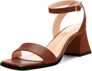 Women's High Chunky Heels Square Toe Block Ankle Strap Dress Comfort Sandals, 2" Heel Height