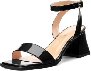 Women's High Chunky Heels Square Toe Block Ankle Strap Dress Comfort Sandals, 2" Heel Height
