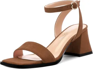 Women's High Chunky Heels Square Toe Block Ankle Strap Dress Comfort Sandals, 2" Heel Height