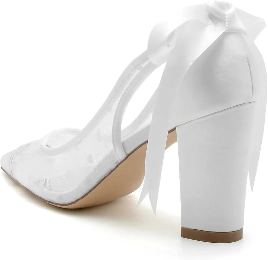 Women's High Heel Slip-On Mary Jane Pump Shoes with Lace Satin & Open Toe - Pointed Heel for Classic Party, Wedding, & Dress Occasions