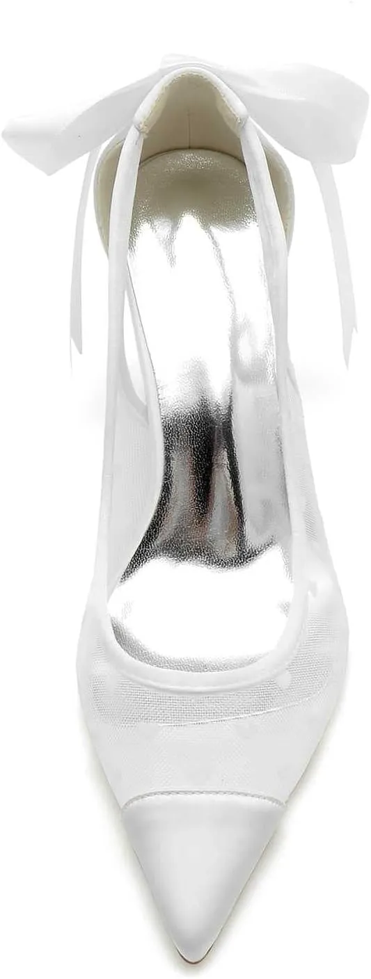 Women's High Heel Slip-On Mary Jane Pump Shoes with Lace Satin & Open Toe - Pointed Heel for Classic Party, Wedding, & Dress Occasions