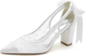 Women's High Heel Slip-On Mary Jane Pump Shoes with Lace Satin & Open Toe - Pointed Heel for Classic Party, Wedding, & Dress Occasions