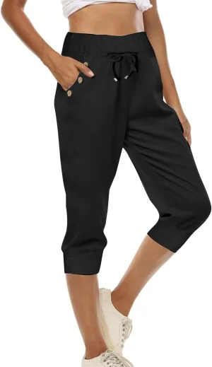 Womens Joggers Capri Pants Spliced Stretch Casual Cropped Pant High Waist Workout Running Summer Pants