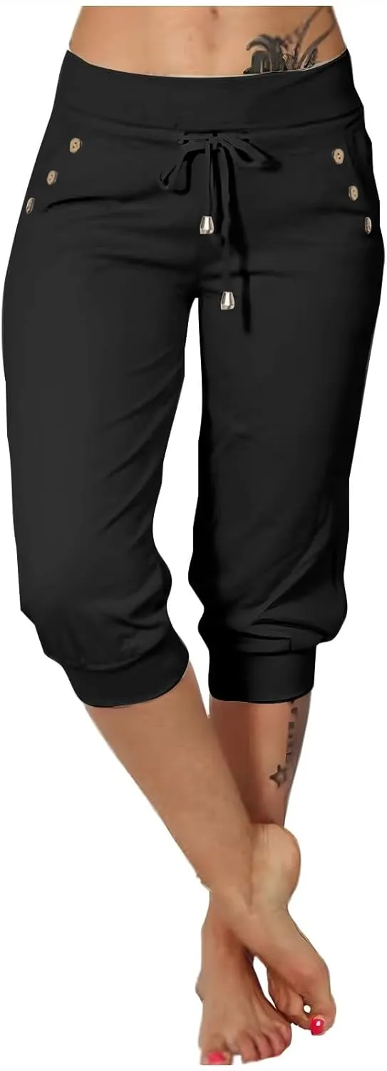 Womens Joggers Capri Pants Spliced Stretch Casual Cropped Pant High Waist Workout Running Summer Pants