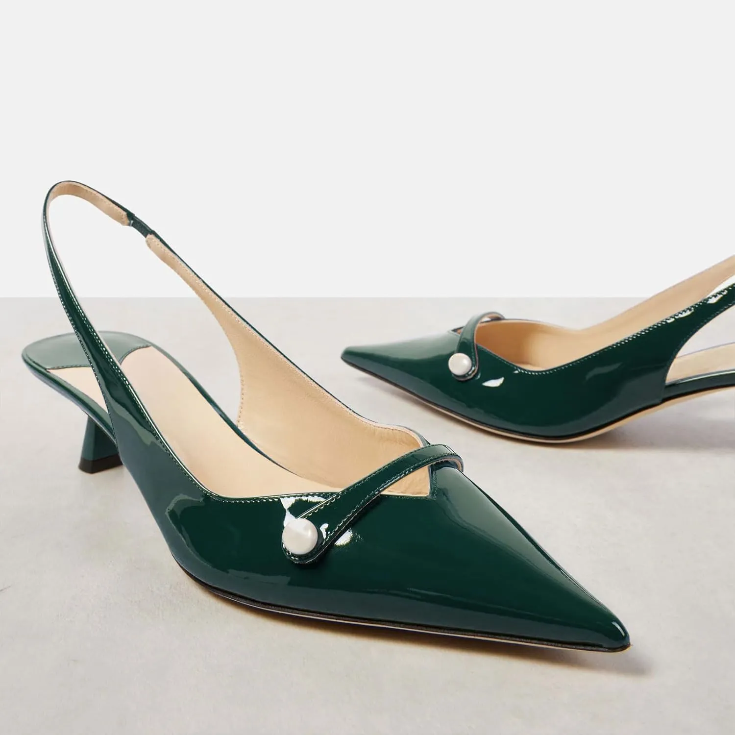 Women's Kitten Heel Pointed Toe Slingback Shoes Comfort Low Heel Slip On Patent/Embossed Leather Dress Pumps Fashion Pearl Party Casual Work Slingback Heels for Women