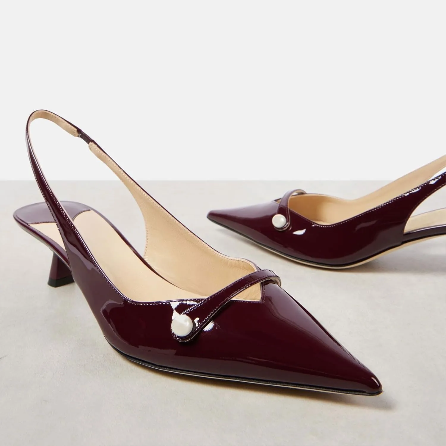 Women's Kitten Heel Pointed Toe Slingback Shoes Comfort Low Heel Slip On Patent/Embossed Leather Dress Pumps Fashion Pearl Party Casual Work Slingback Heels for Women