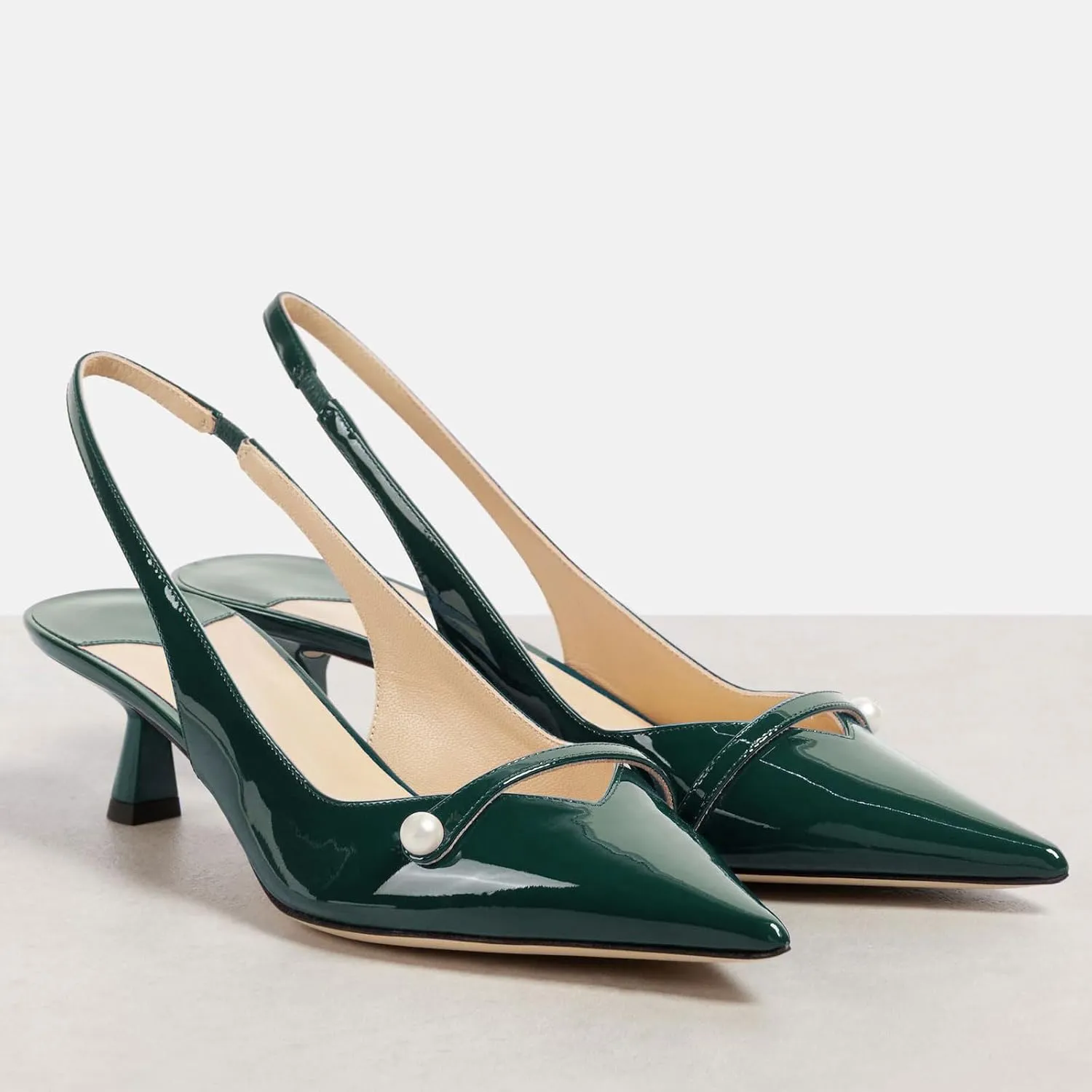 Women's Kitten Heel Pointed Toe Slingback Shoes Comfort Low Heel Slip On Patent/Embossed Leather Dress Pumps Fashion Pearl Party Casual Work Slingback Heels for Women